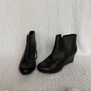 Clarks Black Leather Wedge Booties